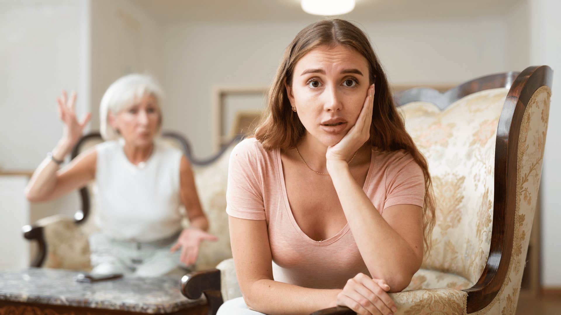 stressed woman living at home with parents