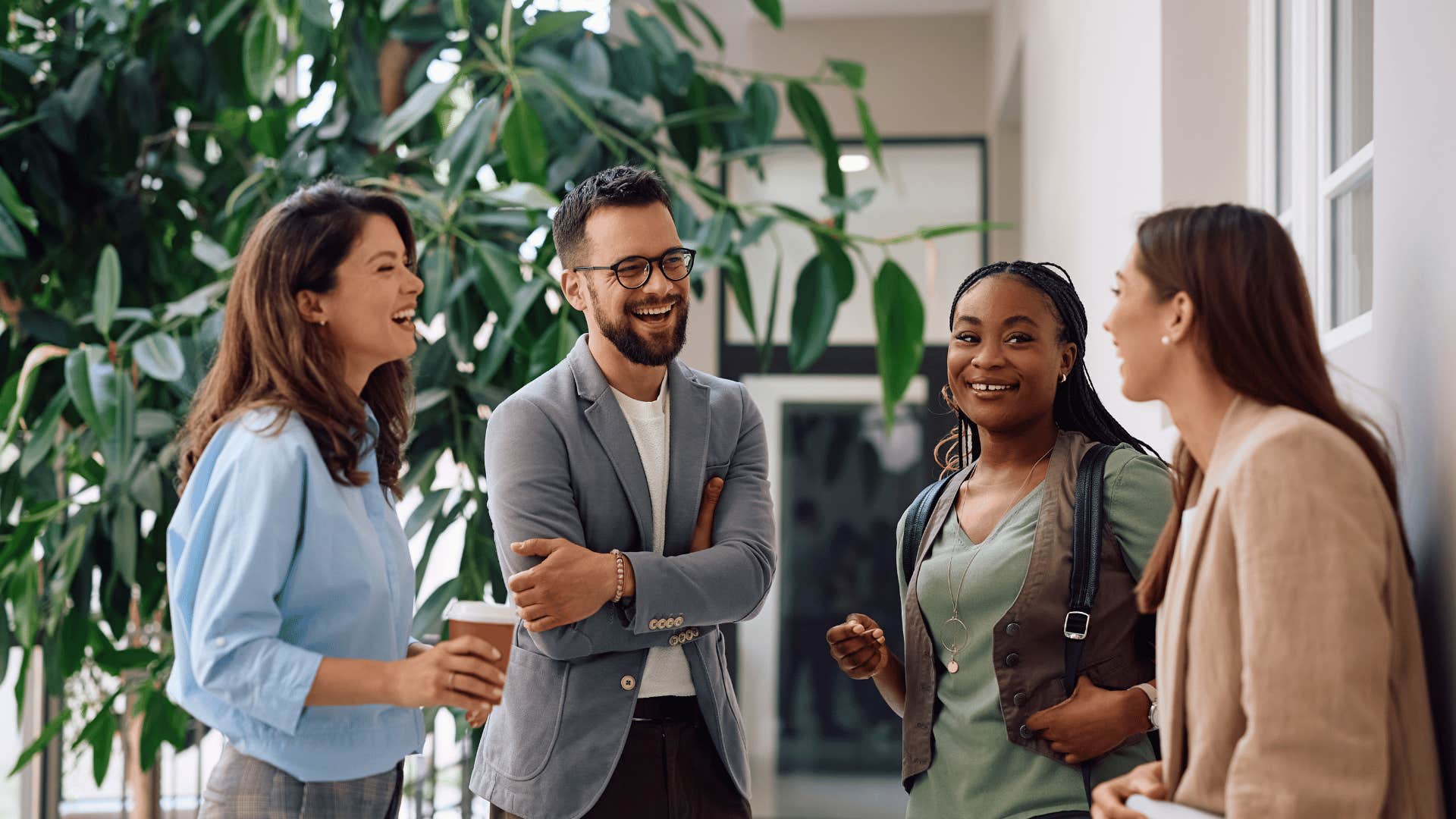 woman attuned to actions of people she is talking to