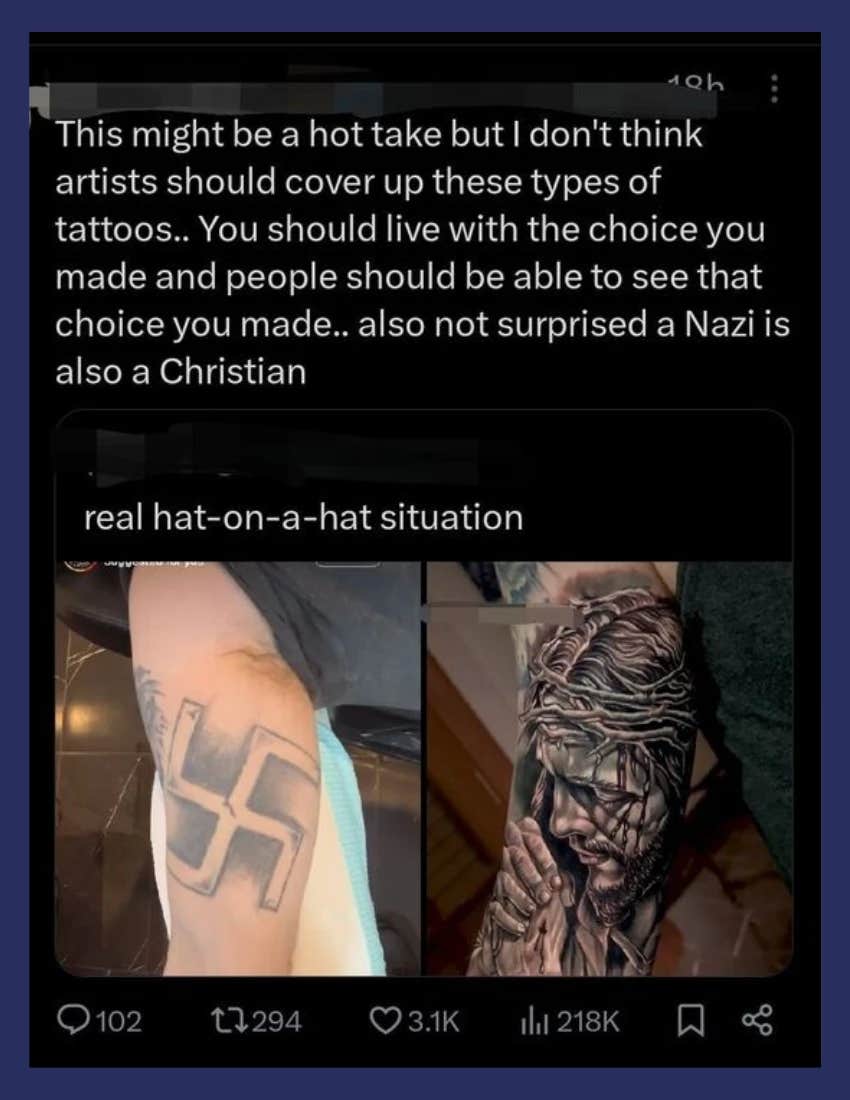 Screenshot from X of an offensive tattoo cover up