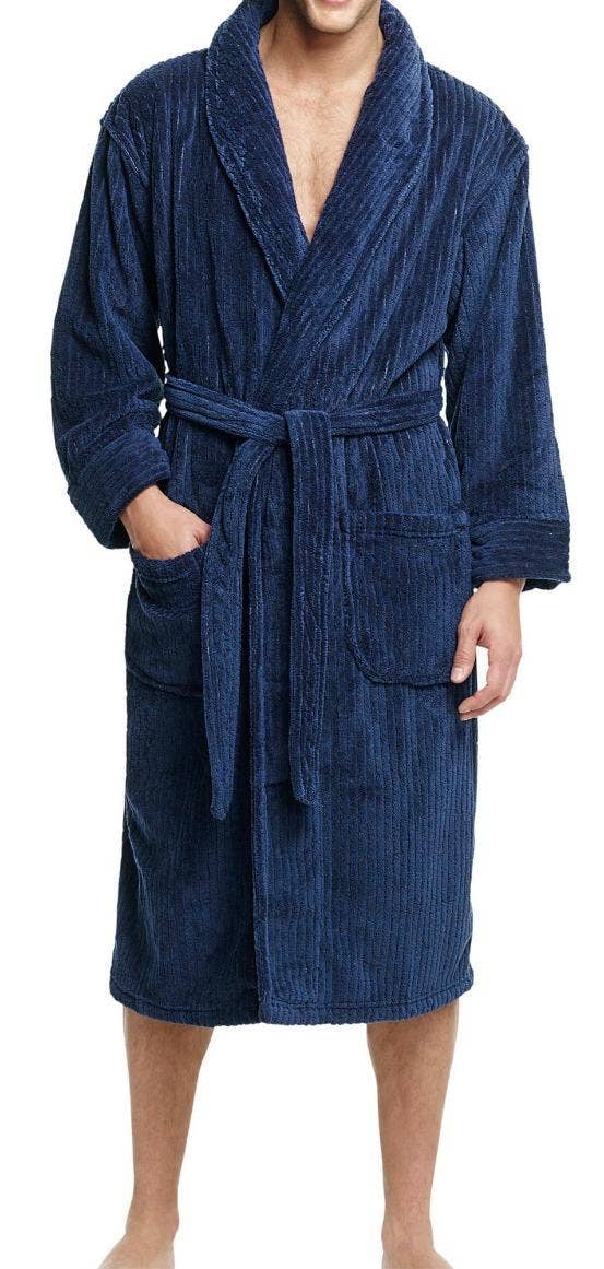 NY Threads Luxurious Men's Shawl Collar Fleece Bathrobe Spa Robe Navy