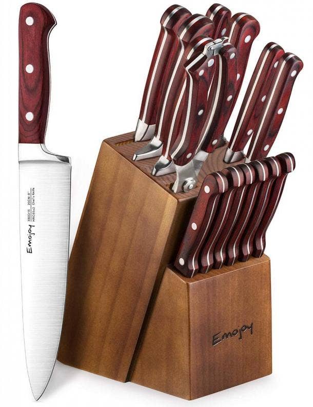 Emojoy Knives Set for Kitchen with Block,Rust Proof,15-Pcs Knife Set with Block Wooden, Black Handle German Stainless Steel Cutlery Knife Set, Size: 9