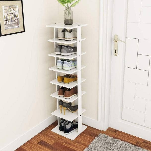 Tangkula 7-Tier Wooden Shoe Rack Narrow Vertical Shoe Stand Storage Display  Shelf White