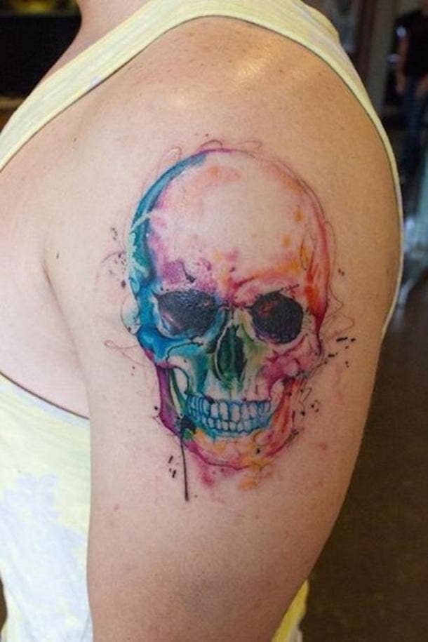 Tattoo uploaded by shantellecrandall  Unique water color skull tattoo  Love the vibrant colors watercolor skull thightattoo  Tattoodo