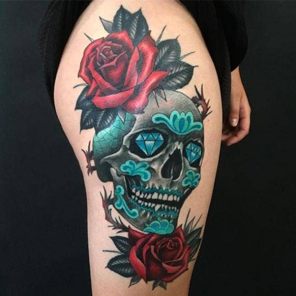 Sugar Skull with Roses tattoo by Adrian Ciercoles  Post 19255