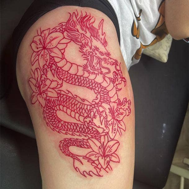 Tattoo tagged with blackw dragon flower pink thigh  inkedappcom
