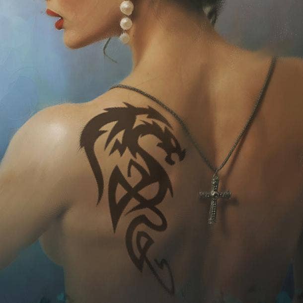 Black Tribal Dragon Tattoo On Women Side Neck