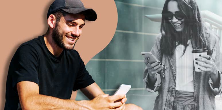 Woman texting a guy, guy reading her text smiling-interested 