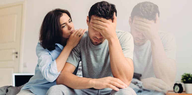 Woman comforting partner and the invisible third wheel of his anxiety