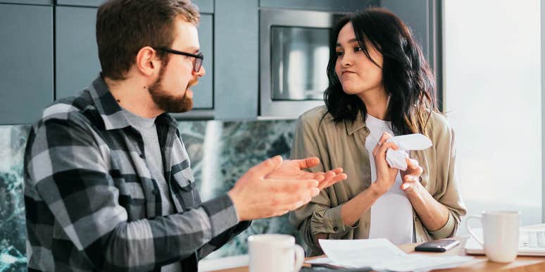 Couple having serious discussion about finances before getting married. 