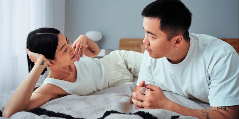 Couple having a intimate conversation before bed.