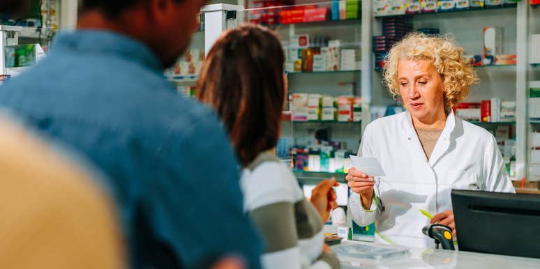 People lined up at pharmacy, stimulant epidemic.