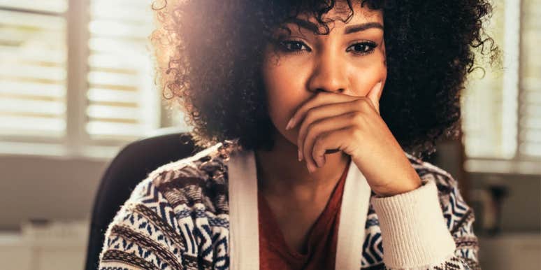 Woman looking intensely while in an affair fog