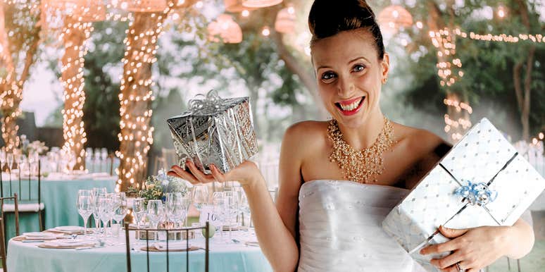 Bride with wedding gifts