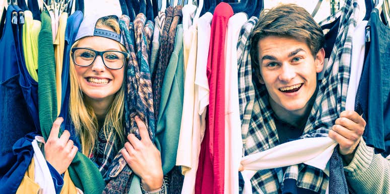 Couple laughing while taking the wardrobe test