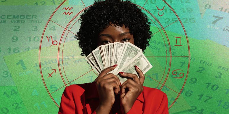 woman holding cash with zodiac signs lucky months financial success 2025