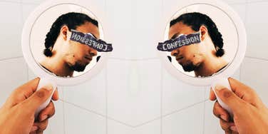 Confessions of a recovering narcissist, taking an honest look at himself in mirror