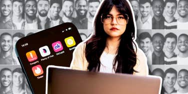 unamused woman sitting on dating apps, going on 57 first dates in a year 