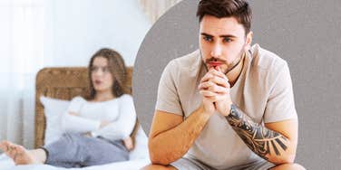Husband sitting at the edge of bed, broken heart after learning his wife is cheating 