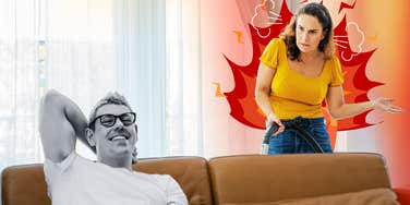 Woman exploding with anger at husband casually sitting on couch