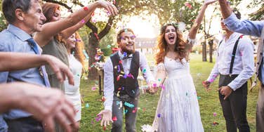 Happy bride and groom at micro-wedding