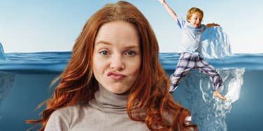 Woman making face, overwhelmed by being on the adhd iceberg with her kid