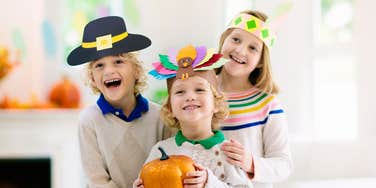 kids in costume for preschool Thanksgiving celebration