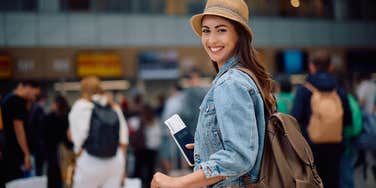 Woman excited to get on the plane