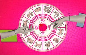 Chinese zodiac wheel and hands reaching out