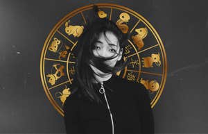 woman with chinese zodiac signs behind her