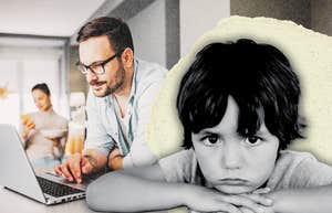 Confused child laying on hands while parents both work remotely behind him