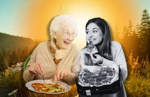 Daughter and mother sharing memories and pizza, before dignified death