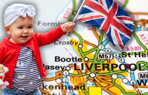 baby with British flag and Liverpool map