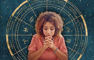 overwhelmed woman overthinking on zodiac wheel