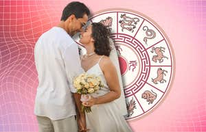 bride and groom in front of chinese zodiac wheel