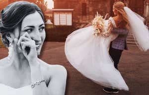 groom carrying woman in wedding dress and bride crying