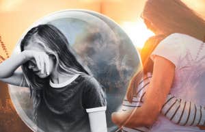 Young child in sadness bubble, mother comforting daughter