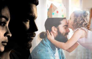 Little girl kissing her dads head while peering over at her mom and her boyfriend 