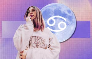 young woman and moon with cancer zodiac sign symbol